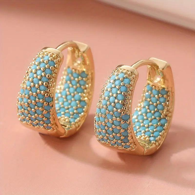 Turquoise Beaded Hoop Earrings in Golden Tone | Gold