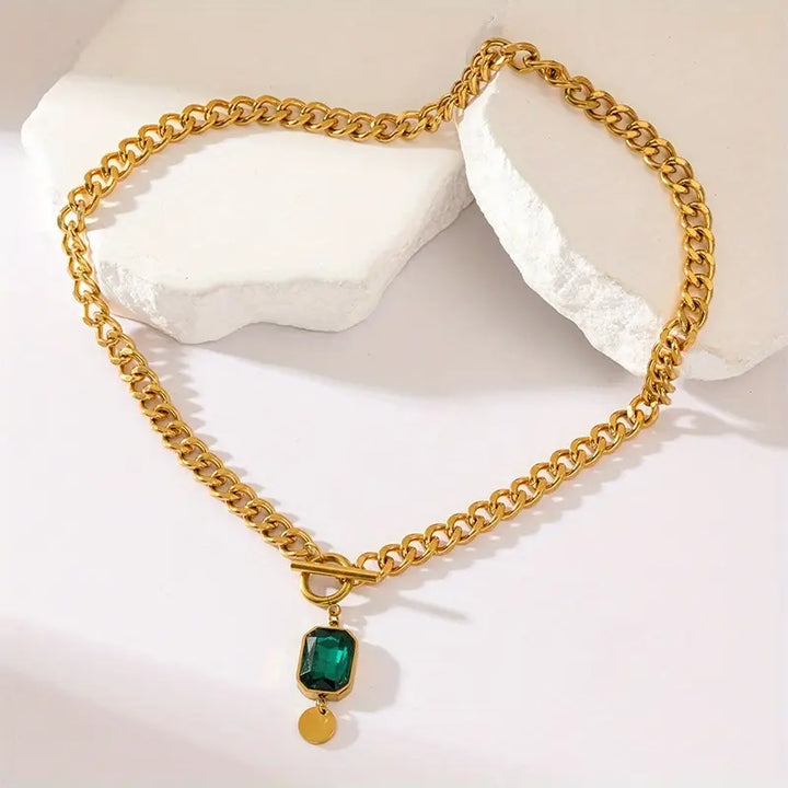 Emerald Pendant Necklace with Chunky Chain | Gold