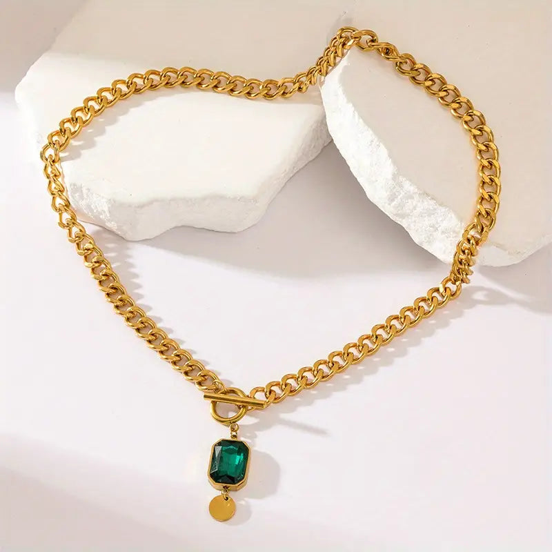 Emerald Gold Chunky Chain Pendant Necklace