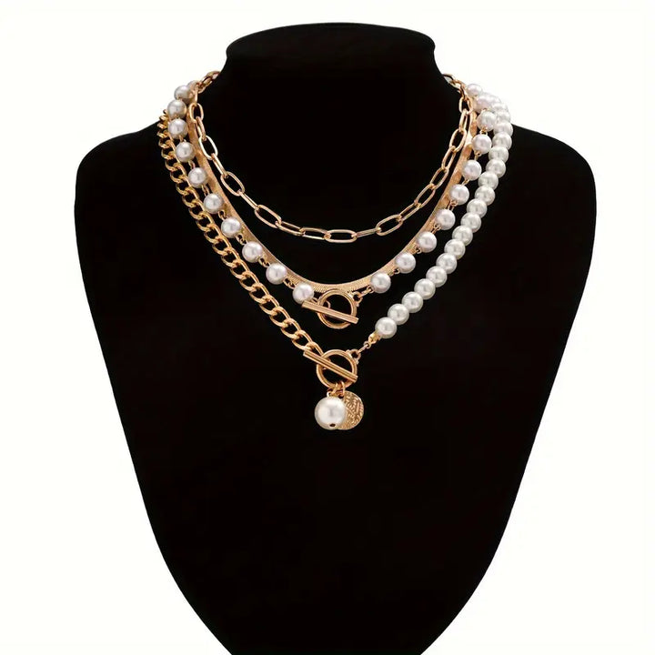 Seraphina™ - Vintage Pearl & Gold Snake Chain Necklace Set