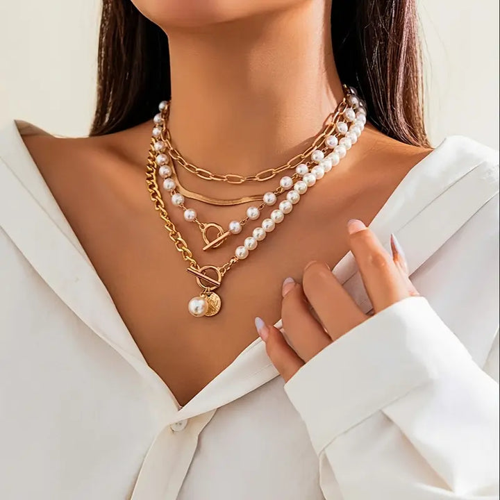 Seraphina™ - Vintage Pearl & Gold Snake Chain Necklace Set