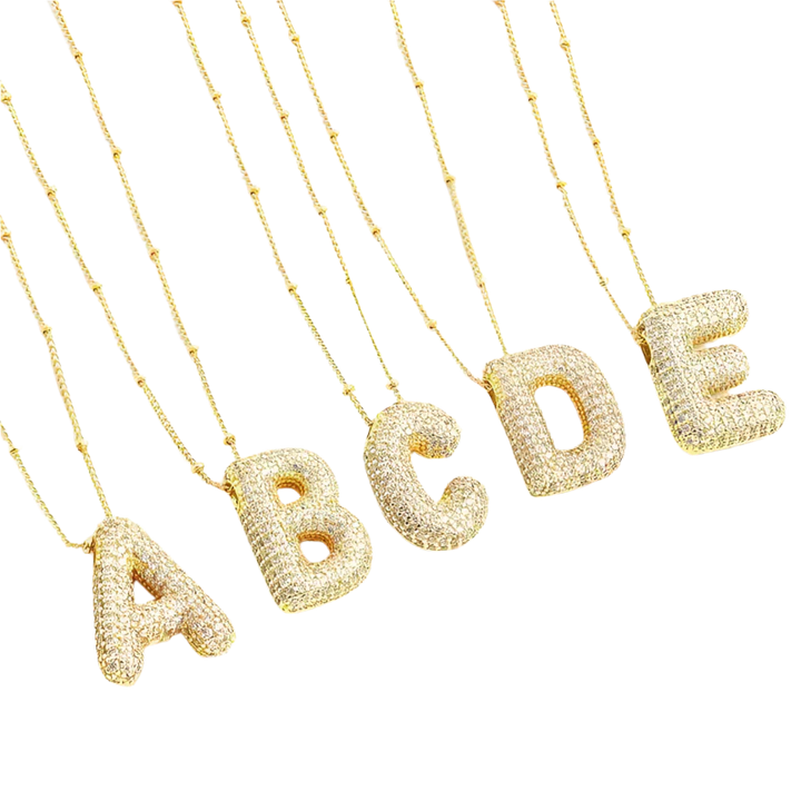 Initial Charm Necklace Set - Gold Bubble Letters
