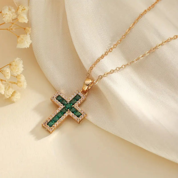 Solene™ - Emerald Cross Pendant Necklace in Gold