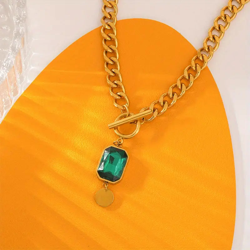 Emerald Gold Chunky Chain Pendant Necklace