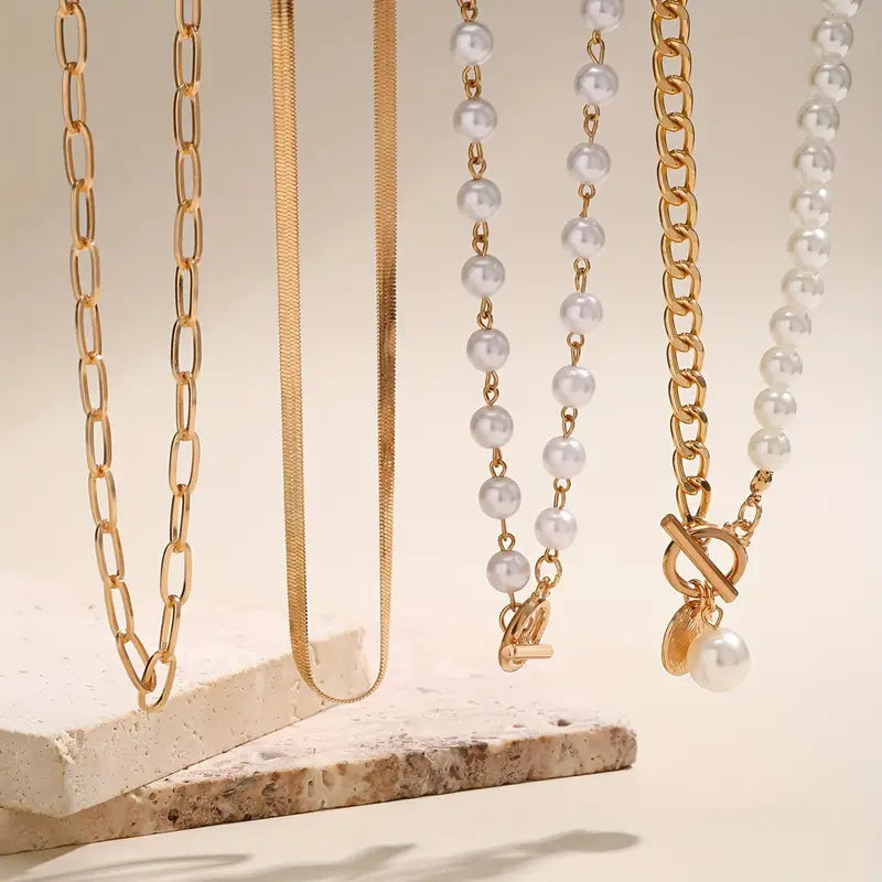 Pearl & Gold Vintage Snake Chain Necklace Set | Gold Elegance