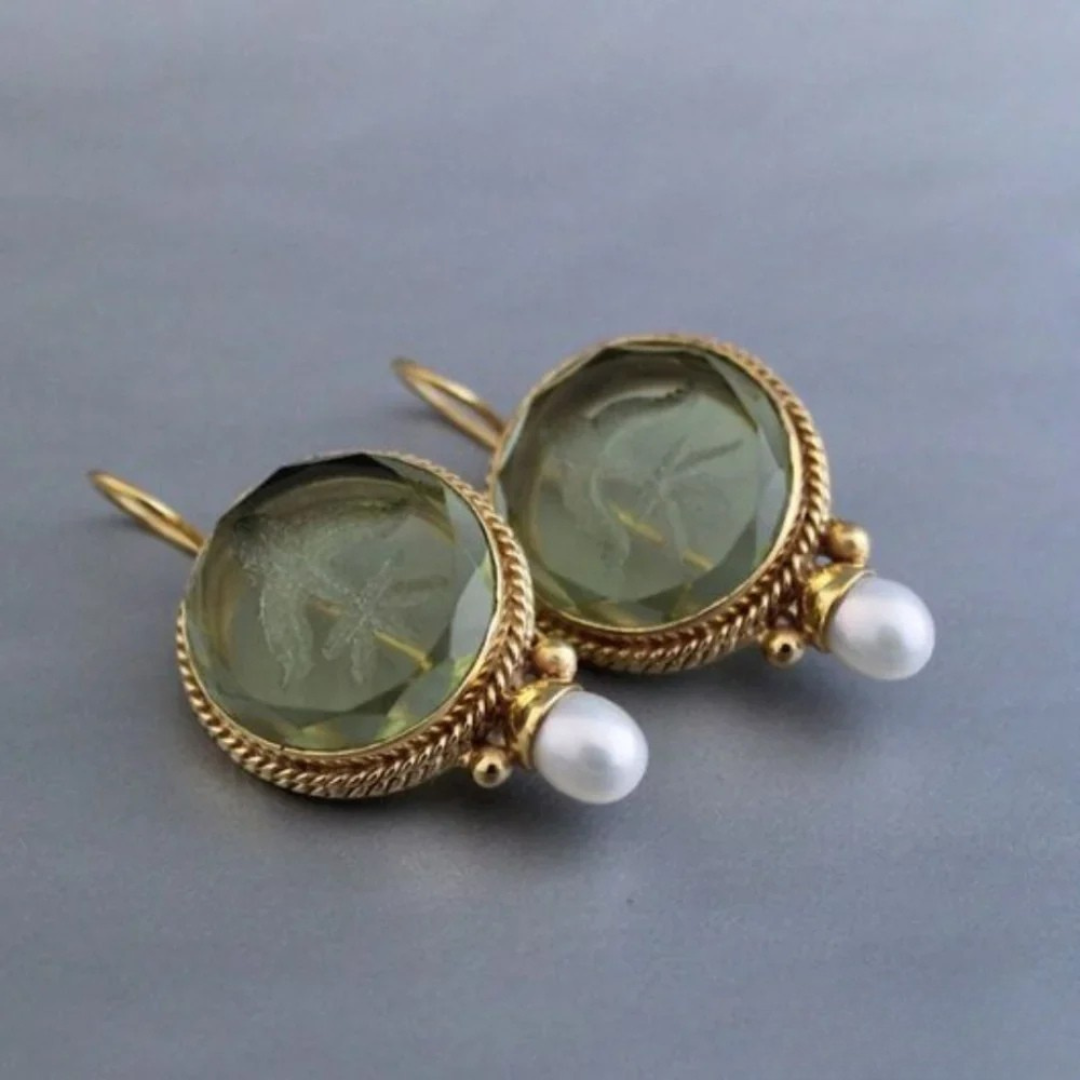Ava™ - Vintage Green Stone Pearl Earrings for Women