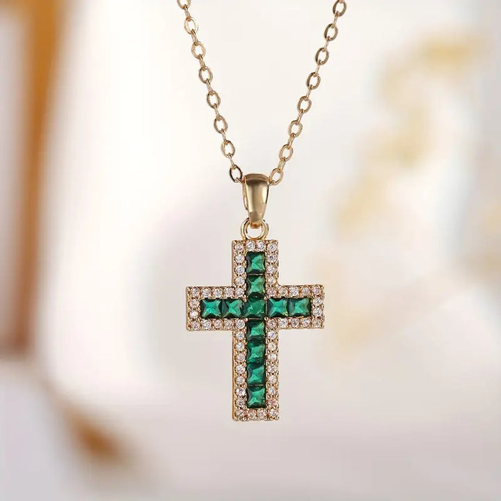Solene™ - Emerald Cross Pendant Necklace in Gold