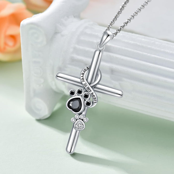 Paw & Cross Pendant Necklace in 925 Sterling Silver