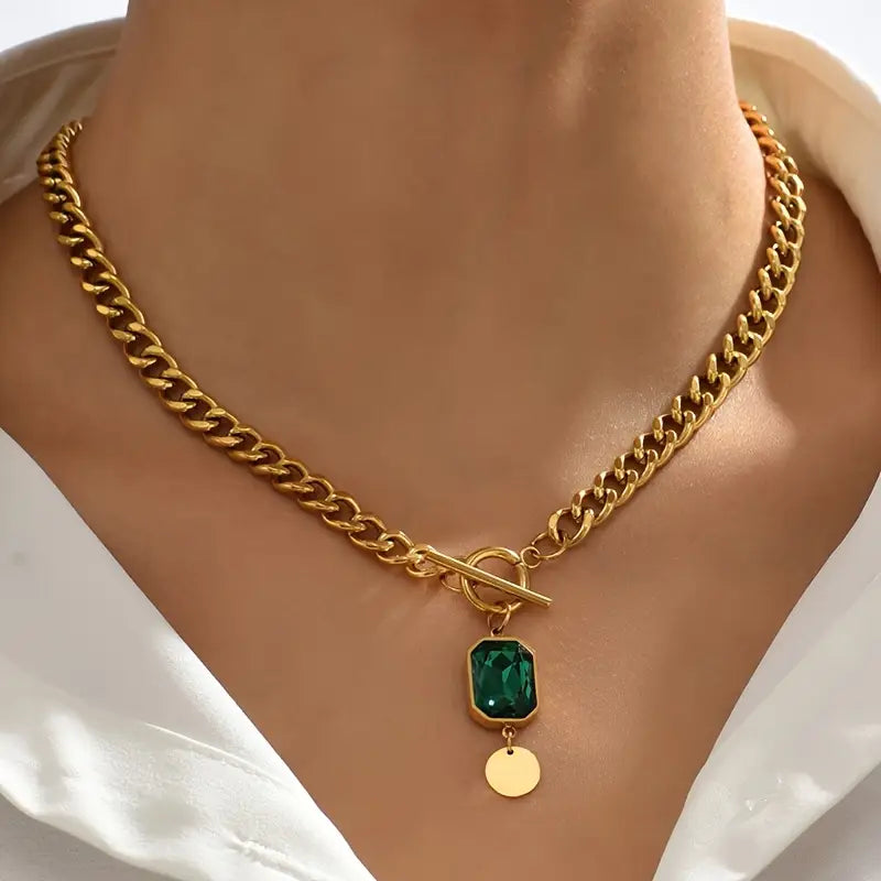 Emerald Gold Chunky Chain Pendant Necklace