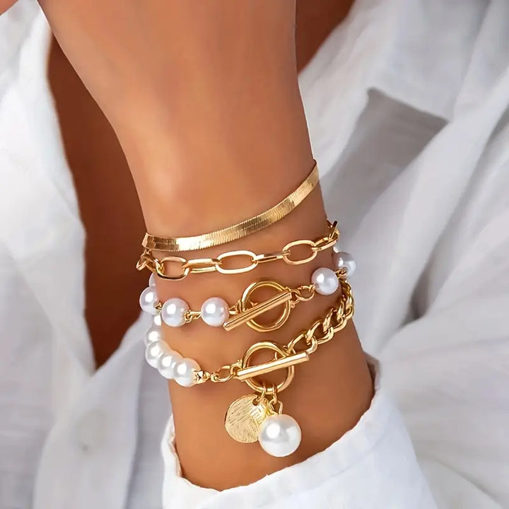 Gold Elegance™ - 4-Piece Bracelet Set with Snake, Pearls & Links