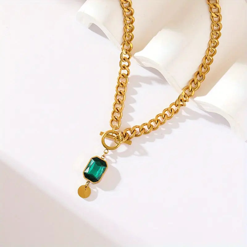 Emerald Gold Chunky Chain Pendant Necklace