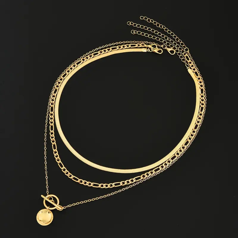 Savira™ - Textured Coin Layered Necklace in Gold