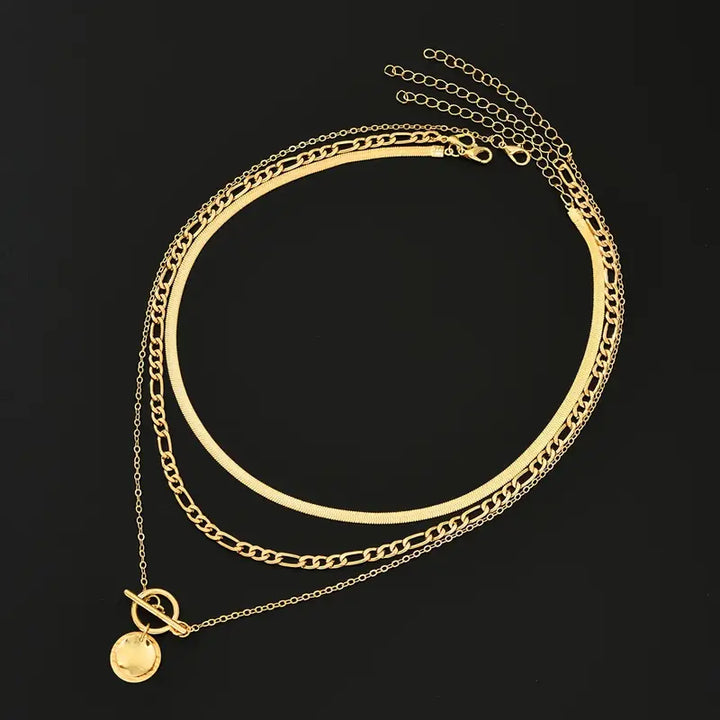 Savira™ - Textured Coin Layered Necklace in Gold