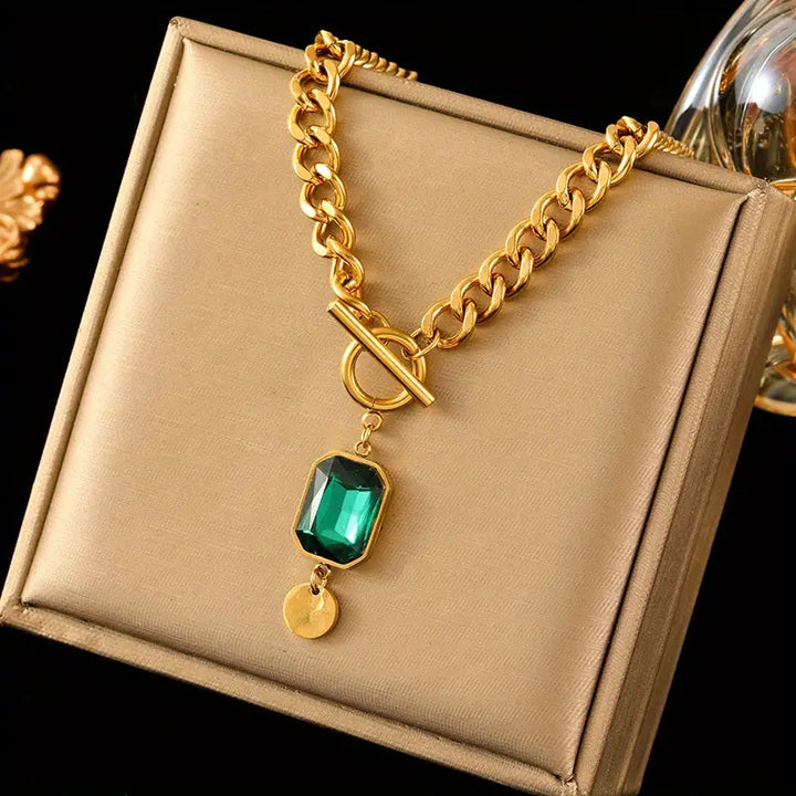 Emerald Gold Chunky Chain Pendant Necklace