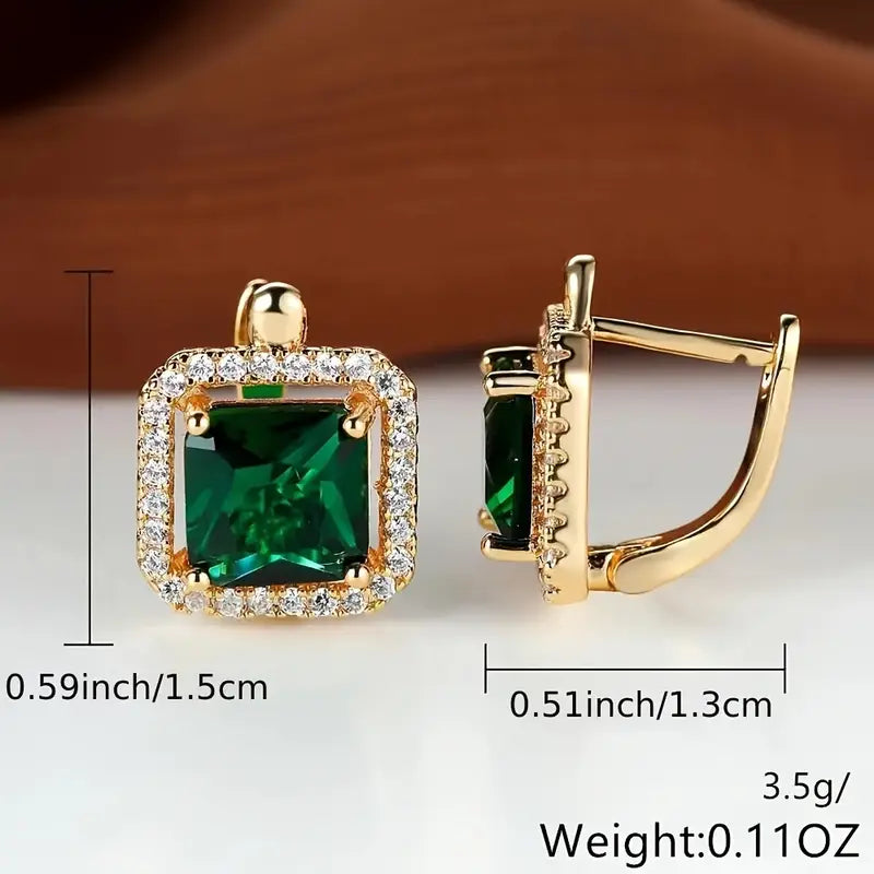 Golden Green Square Zirconia Earrings - Luxe Gold Finish