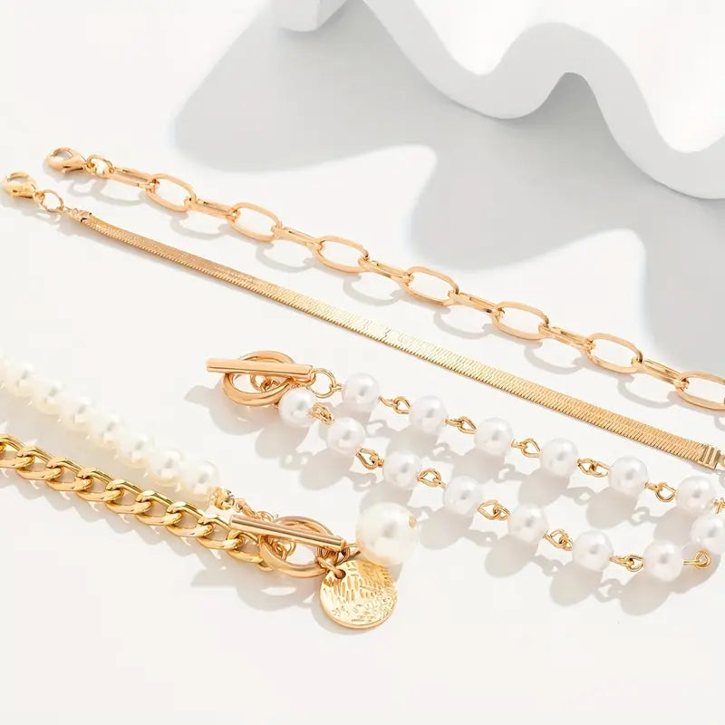 Chic Gold 4-Piece Bracelet Set – Snake, Pearls & Links