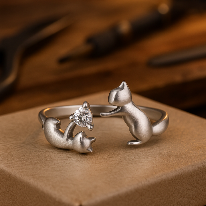 Purrfectly Playful™ - Adjustable Sterling Silver Cat Ring with Zirconia