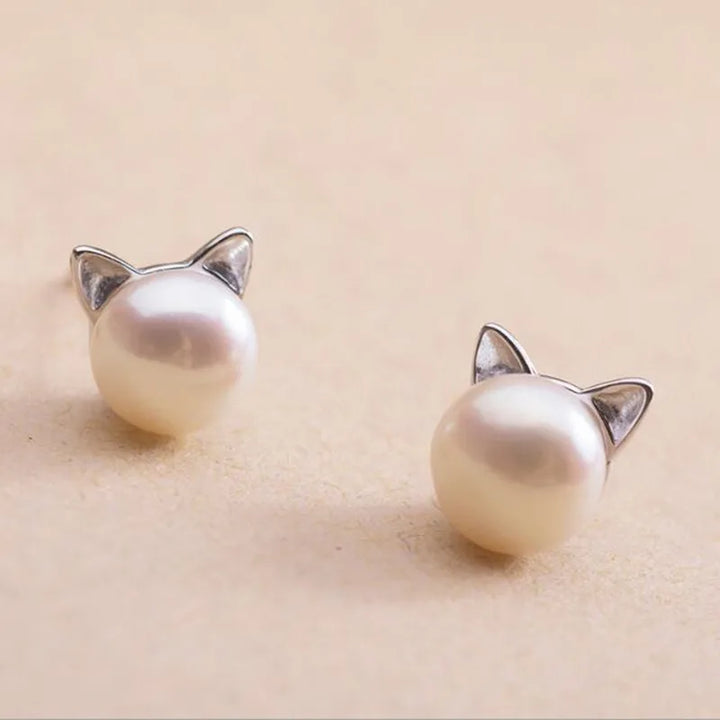 Whiskers & Pearls™ - Sterling Silver Cat Stud Earrings
