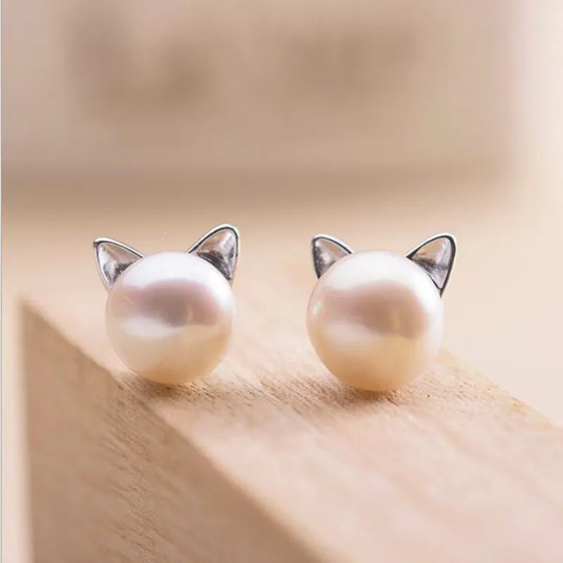 Whiskers & Pearls™ - Sterling Silver Cat Stud Earrings
