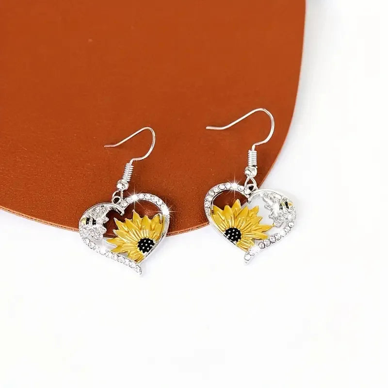 Sunshine & Honey - Vintage Boho Sunflower & Bee Heart Dangle Earrings