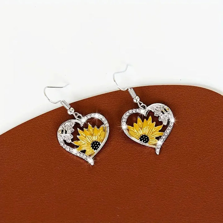 Sunshine & Honey - Vintage Boho Sunflower & Bee Heart Dangle Earrings