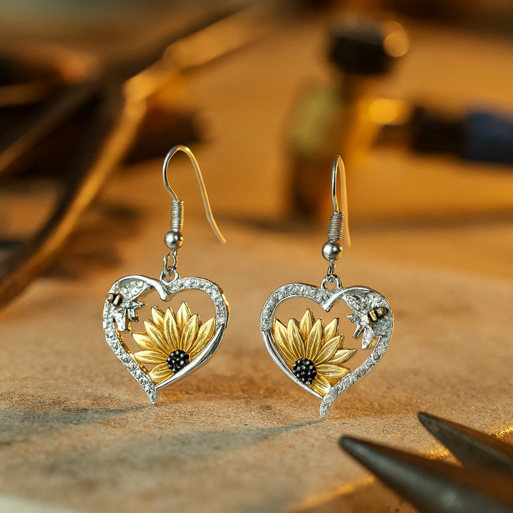 Sunshine & Honey - Vintage Boho Sunflower & Bee Heart Dangle Earrings