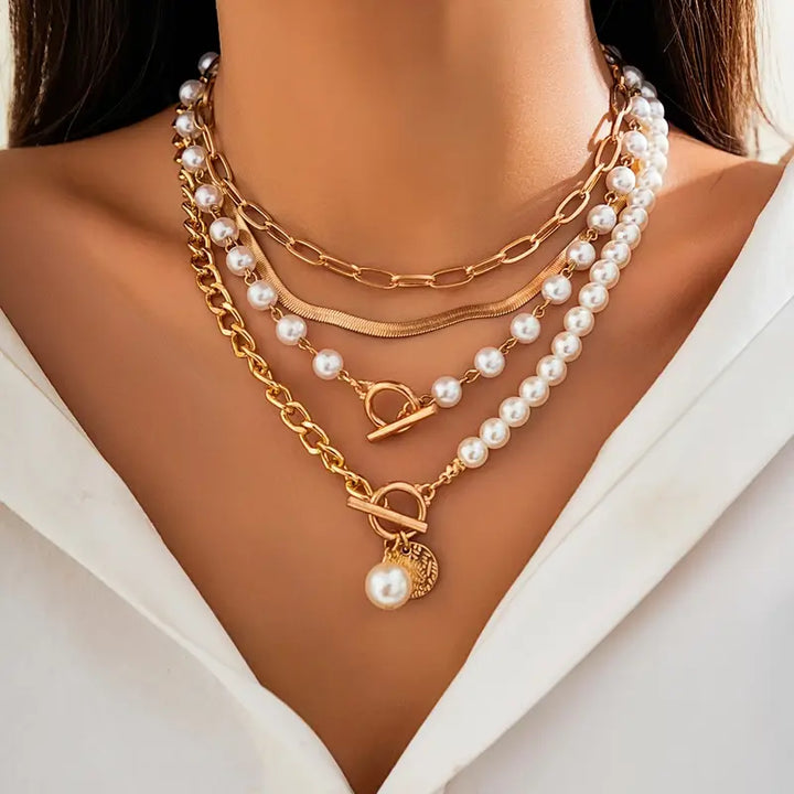 Pearl & Gold Vintage Snake Chain Necklace Set | Gold Elegance