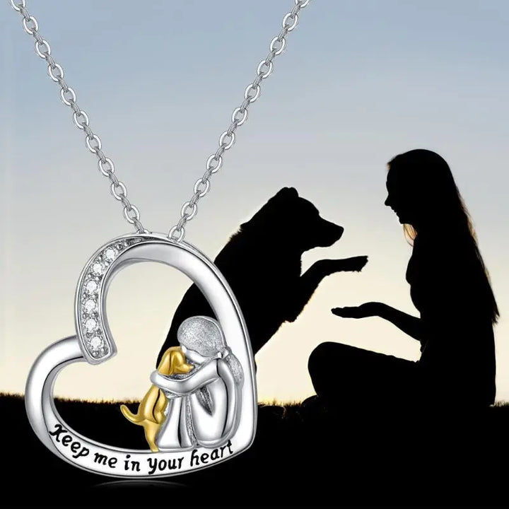 Heart & Dog Design Necklace - 925 Sterling Silver with Zirconia