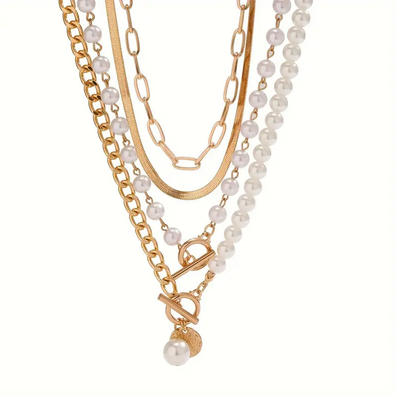 Pearl & Gold Vintage Snake Chain Necklace Set | Gold Elegance