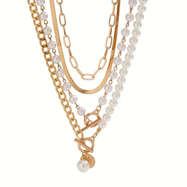 Pearl & Gold Vintage Snake Chain Necklace Set | Gold Elegance