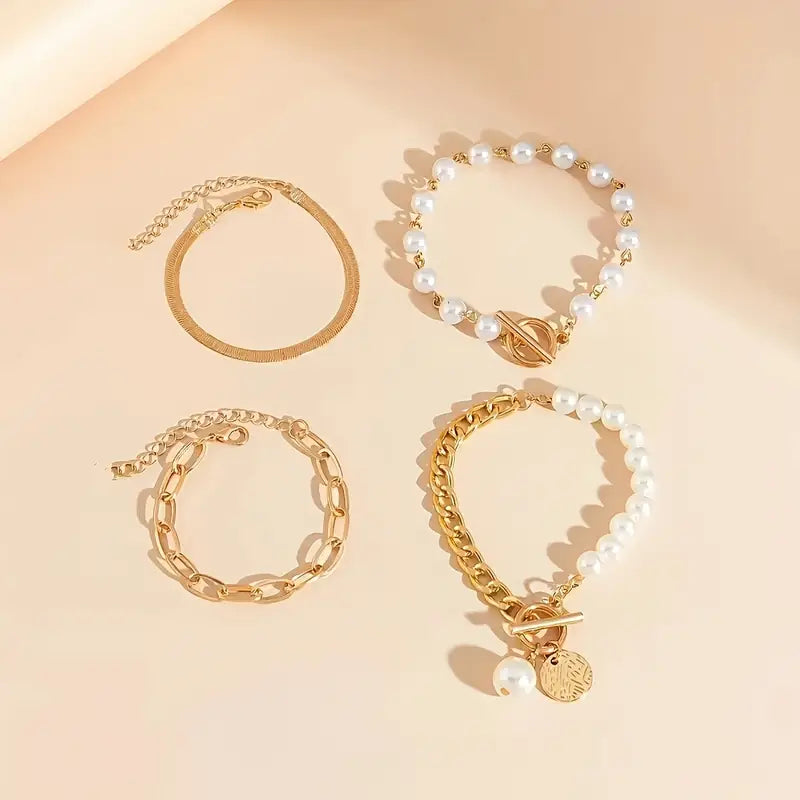 Chic Gold 4-Piece Bracelet Set – Snake, Pearls & Links