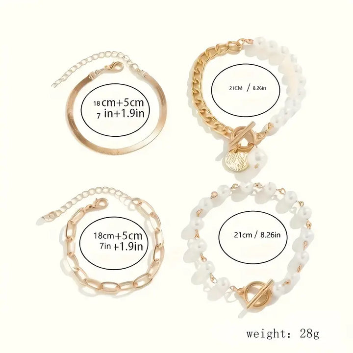Chic Gold 4-Piece Bracelet Set – Snake, Pearls & Links