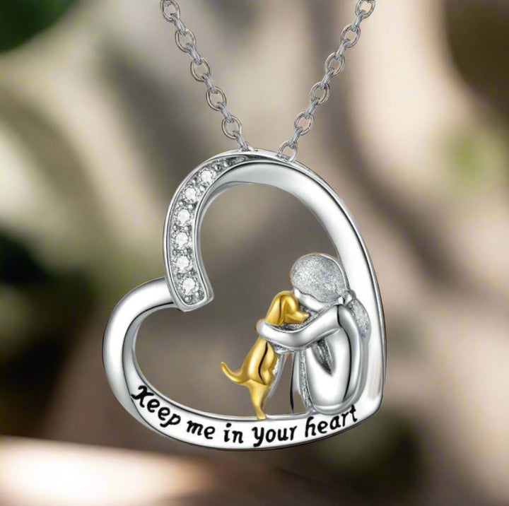 Heart & Dog Design Necklace - 925 Sterling Silver with Zirconia