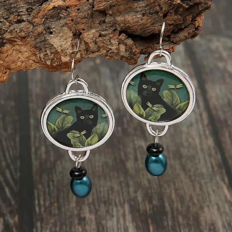 Tropical Noir - Vintage Black Cat Dangle Earrings