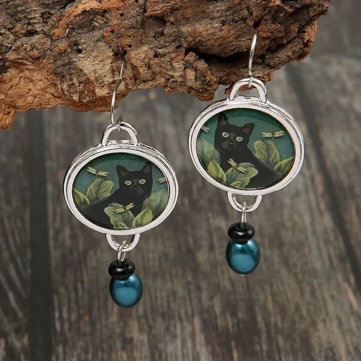 Tropical Noir - Vintage Black Cat Dangle Earrings