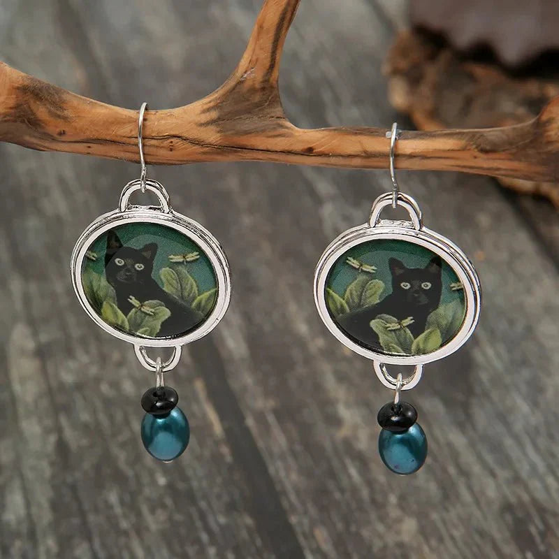 Tropical Noir - Vintage Black Cat Dangle Earrings
