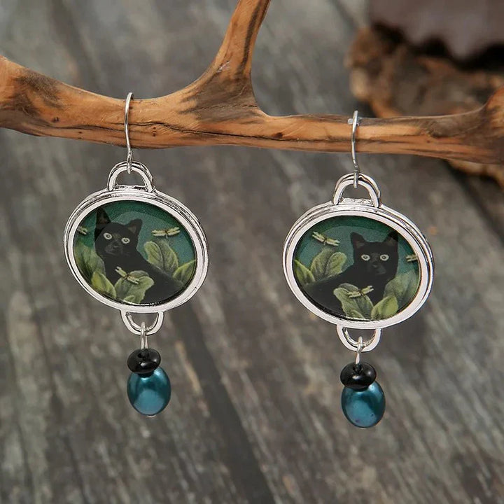 Tropical Noir - Vintage Black Cat Dangle Earrings