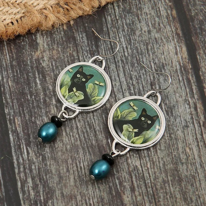 Tropical Noir - Vintage Black Cat Dangle Earrings