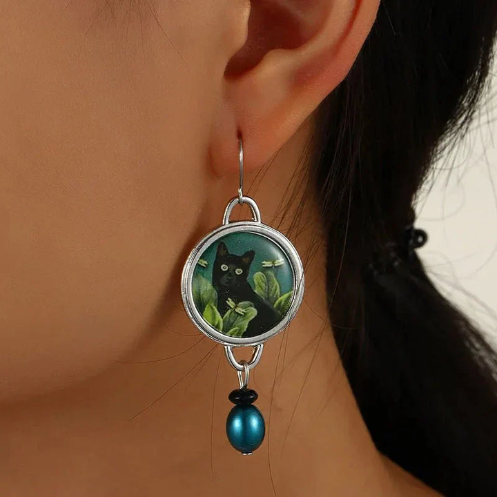 Tropical Noir - Vintage Black Cat Dangle Earrings