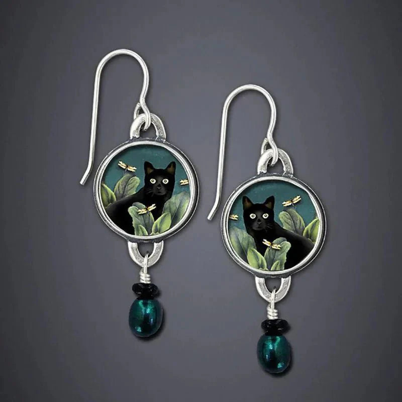 Tropical Noir - Vintage Black Cat Dangle Earrings