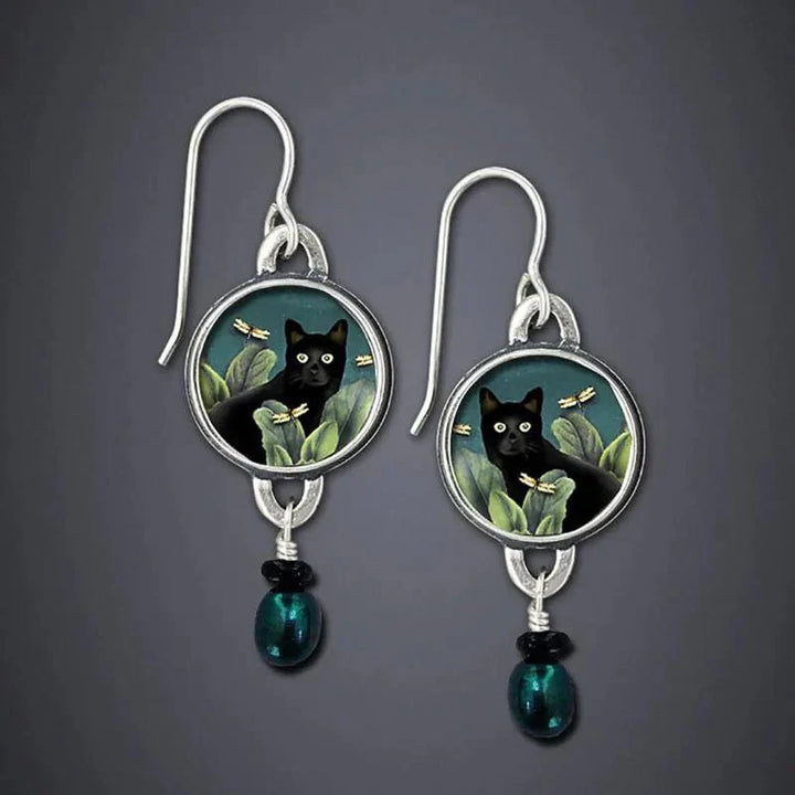 Tropical Noir - Vintage Black Cat Dangle Earrings
